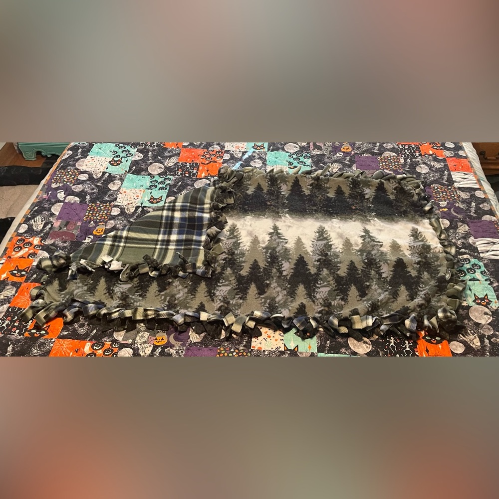 NEW Handmade Fleece Forrest/Plaid Blanket